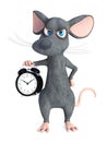 3D rendering of a grumpy cartoon mouse holding alarm clock