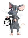 3D rendering of a grumpy cartoon mouse holding alarm clock Royalty Free Stock Photo