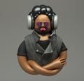 3d rendering. Grumpy cool dude in sunglases with bristle listening to music