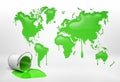 3d rendering of a half empty bucket lying on its side near a large word map with all continents leaking paint.