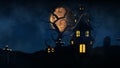 3D rendering Halloween background with haunted house, bats and pumpkins, graves, at misty night spooky with fantastic big moon in