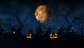 3D rendering Halloween background with haunted house, bats and pumpkins, graves, at misty night spooky with fantastic big moon in Royalty Free Stock Photo