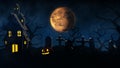 3D rendering Halloween background with haunted house, bats and pumpkins, graves, at misty night spooky with fantastic big moon in Royalty Free Stock Photo