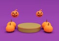 3d rendering of Halloween flying pumpkin, podium, minimal Halloween background design element