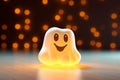 3d rendering of a halloween ghost on a wooden table with lights in the background