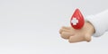 3D Rendering of hand holding blood drop with red cross sign Royalty Free Stock Photo