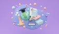 3D Rendering of hand holding earth and learning elements with graduation hat on concept of online global worldwide education