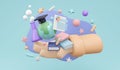 3D Rendering of hand holding earth and learning elements with graduation hat on concept of online global worldwide education