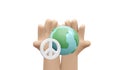 3D Rendering of hand holding globe and peace sign on white background concept of no war stop fighting save the world.