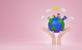 3d rendering hand holding world wiyh four house and tree on world and blue background. World habitat day concrpt