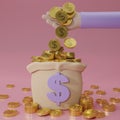 3D rendering Hand put gold coins in a moneybag simple cartoon isolated on pink background. Cashless society concept. Growth,