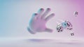 A hand reaching out to catch falling dice in a colorful gradient background Royalty Free Stock Photo