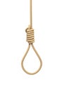 3d rendering of a hangman`s noose made of natural beige rope hanging on a white background.