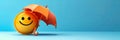 A 3D rendering of a happy sun emoji holding an orange umbrella on a blue background. The image features copy space Royalty Free Stock Photo