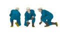 3D rendering of a hard hat worker kneeling down with protective clothes uniform from front side and back isolated on