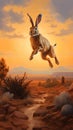 3D rendering of a hare jumping in the desert at sunset