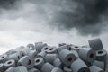 3d rendering of heap with many toilet paper in front of overcast sky