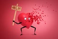 3d rendering of heart with cartoon arms and legs and sad face holding sign that reads `HELP`, one side of heart starting