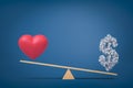 3d rendering of heart love symbol and money dollar symbol on seesaw on blue background