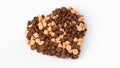 3d rendering of a heart-shaped chocolate and caramel chip pile on a white background