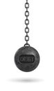 3d rendering of a heavy black wrecking ball with a word DEBT on its body hanging on a chain. Royalty Free Stock Photo