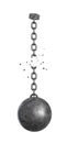 3d rendering of a heavy iron ball hanging below a shackle with a broken chain between them.