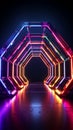 3D rendering Hexagonal neon frames with vivid colors on black