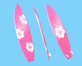 3D Rendering Hibiscus Hawaii Pink Flower Surfboard Front, Side And Back View Isolated On Blue Background, PNG File Add