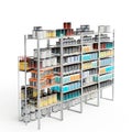 3D rendering of a high-density steel rack storage full of colorful containers isolated