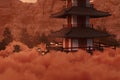 3D rendering of high pagoda over sea of clouds