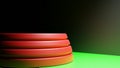 3D rendering. 3D illustration. Close up shot of a red platform with circular indentations on a green floor.