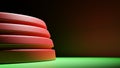 3D rendering. 3D illustration. Close up shot of a red platform with circular indentations on a green floor.