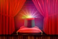 3d rendering of high shining hat on red cushion with red curtain and red brick wall background