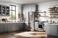 A 3D rendering of a high-tech kitchen with stainless steel appliances,