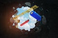 3d rendering of hoisting crane carrying blue paint roller and breaking hole in black wall with blue sky seen through. Royalty Free Stock Photo