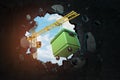 3d rendering of hoisting crane carrying green trash can which is breaking hole in black wall with blue sky seen through.