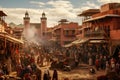 3D rendering of the holy city of Kolkata, India, A bustling marketplace in a Middle Eastern town, AI Generated