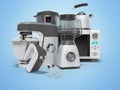 3D rendering home appliances group mixer blender food processor multicooker on blue background with shadow Royalty Free Stock Photo