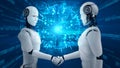 3D rendering hominoid robot handshake to collaborate future technology