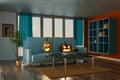 3d rendering of horrified pumpkins sitting on the sofa