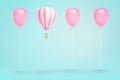 3d rendering of hot air balloons hovering in a line of identical pink party balloons on a blue background.