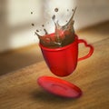 3D Rendering of Hot Coffee Spills out of a Red Cup in a Coffeshop
