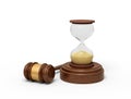 3d rendering of hourglass standing on sounding block with gavel lying beside.