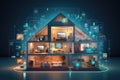 3D rendering of a house connected to a network of virtual images, Explore the concept of the Internet of Things through an image Royalty Free Stock Photo