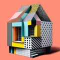 3d rendering of a house made of colorful cubes, isolated on orange background Royalty Free Stock Photo