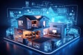 3D rendering of a house on a technological background with a blue interface, The concept of the Internet of Things with an image Royalty Free Stock Photo