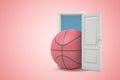 3d rendering of huge basketball emerging from open door on pink gradient copyspace background.