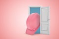 3d rendering of huge pink hard hat emerging from white door on pink gradient copy space background. Royalty Free Stock Photo