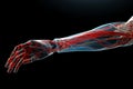 3D Rendering of Human Arm Muscles, Tendons, and Ligaments on Black Background for Detailed Medical Illustrations and Educational