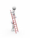 3D rendering of a human figure holding red stairs for another one to climb